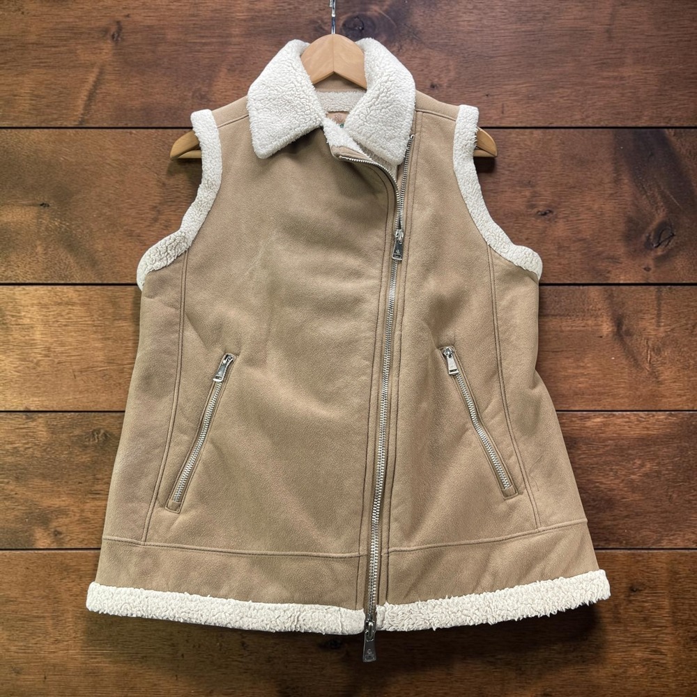 Lauren Ralph Lauren Womens S Faux Suede Moto Vest Sherpa Lined Tan Asym Zip